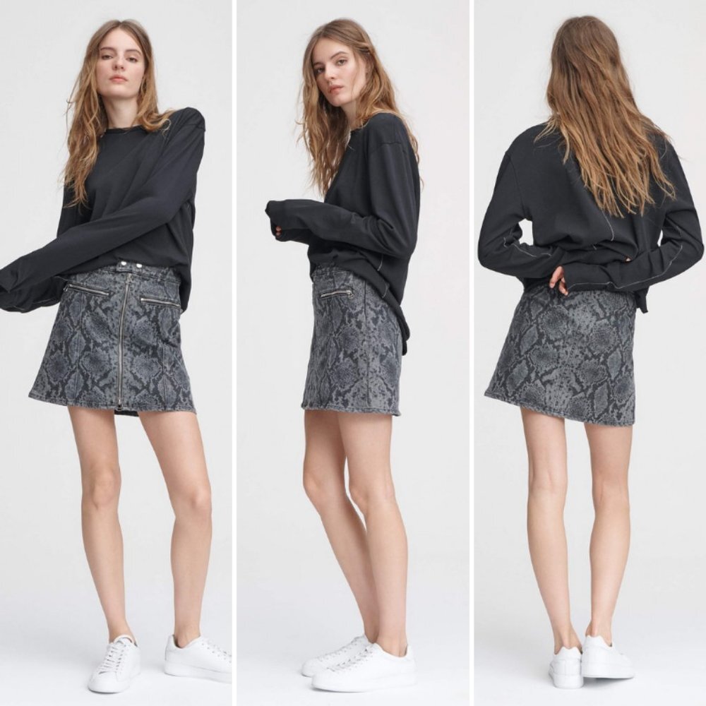 Rag & Bone Isabel Grey Snake Denim Mini Skirt Zip Front Pockets Size 6